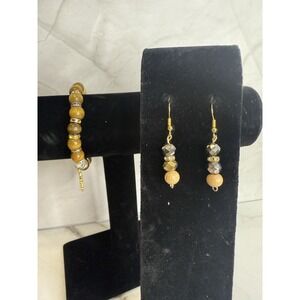 handmade beaded dangle earrings and bracelet set neutral tone beads & gold tones